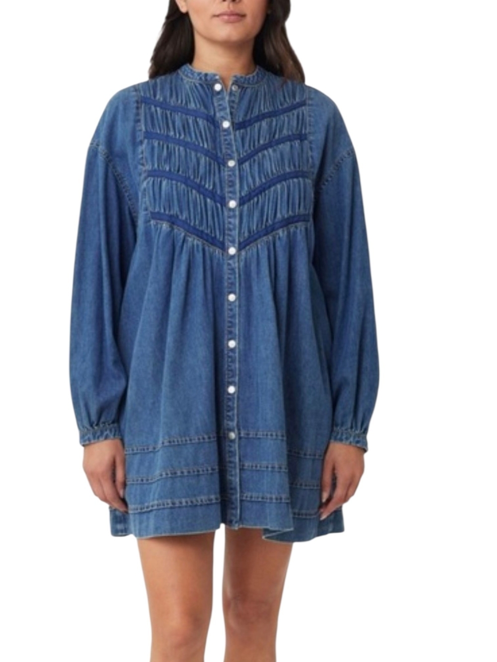 Habitual Denim Babydoll Mini Dress Pintuck Button Front Boho Prairie Long Sz M